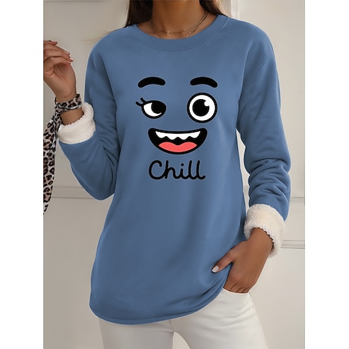  felpa da donna con stampa grafica, calda, casual, pelosa, manica lunga, girocollo, normale, casual da strada, giallo, rosa, rosa scuro, blu, grigio, primavera, autunno, inverno