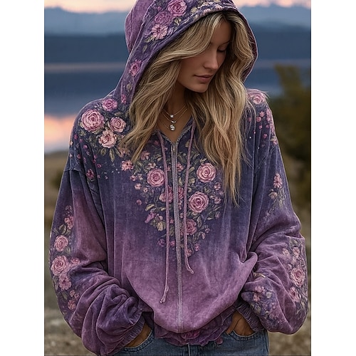 Dames Hoodies met rits Bloemig Punk Actief Vintage Lange mouw Capuchon Normale tops Huis Dagelijks gebruik Casual Lapwerk Blozend Roze Donker Roze Paars Beige Herfst Winter