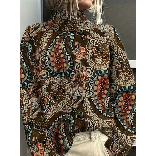  Damen Pullover Strickjacke Täglich Grafik Geometrisch Rollkragen Druck Langarm Normale Oberteile Stricken Wochenende Weiß / Schwarz Rot Braun Herbst Winter