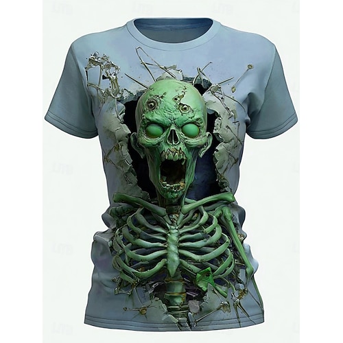  ハロウィン レディース Tシャツ スカル グラフィック スケルトン ヴィンテージ スタイリッシュ カジュアル 半袖 クルーネック レギュラー トップス デイリー 外出用 週末 プリント ピンク 青 紫 緑 夏