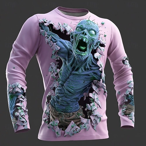 Halloween Miesten Zombeja 3D T-paita Pitkähihainen T-paita 3D-tulostus Tiukka pyöreä kaula-aukko Paita Muoti Liioiteltu Katu Kausaliteetti Päivittäin Vihreä 1# Vihreä 2# Punastuvan vaaleanpunainen