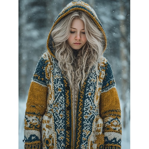  vikingský boho dámský kardigan vintage denní etnický styl geometrický barevný gradient žebrovaný s kapucí kapsy knoflíky potisk dlouhý rukáv dlouhé tílko pletené outdoor víkend žlutá modrá podzim zima