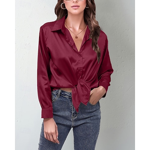  Per donna Camicia Camicia in raso Semplice Elegante Casual Manica Lunga Colletto a Camicia Top Regolari Quotidiano Uscire Bottoni Nero Rosa Vino Rosso Blu marino Primavera Autunno