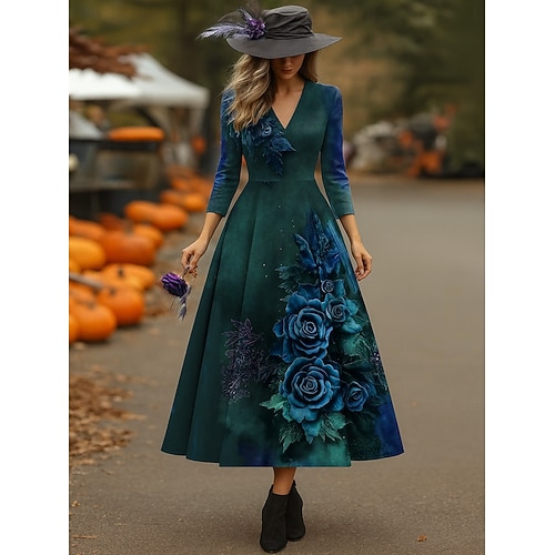  Halloween Per donna Abito Midi Vestito Estivo Abito a trapezio Vestito all'americana Vacanza Casual Matrimonio Feste Compleanno Vestibilità regolare Floreale Grafico Manica 3/4 Scollo a V Borgogna