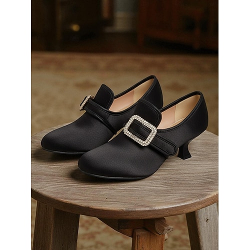  Women's 1920s Vintage Victorian Buckle Heels - Edwardian Satin Kitten Heel Dress Shoes for Lolita, Rococo and  Gatsby Party or Cosplay Outfits