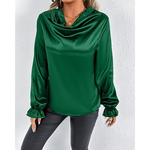  Per donna Camicia Camicia in raso Tinta unica Elegante Casual Manica Lunga Scollo a Cascata Top Regolari Quotidiano Uscire Drappeggiato Nero Rosa Verde Albicocca Primavera Autunno