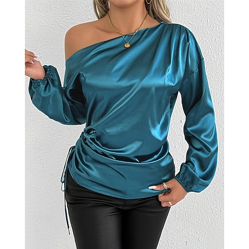  Dames Overhemd Satijnen overhemd Effen Kleur Elegant Stijlvol Basic Lange mouw Schouderafhangend koude schouder Normale tops Dagelijks Uitgaan Asymmetrisch blauw Lente Herfst