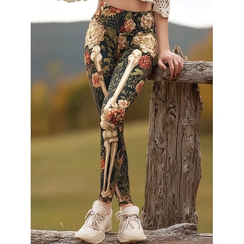  Dame Leggings Ferie Årgang Mote Full lengde Høy MidjePantsHalloween Grafisk Hodeskaller Halloween Printer Myk Pustende Elastisk Formell Feriereise Gate Mørkegrå Vin Gyldenbrun Vår Høst Vinter Slank