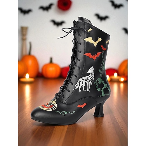  Dámské viktoriánské halloweenské šněrovací kotníkové boty – černé retro kožené botičky na podpatku s potiskem netopýrů, dýní a vlků na kostýmní párty a cosplay