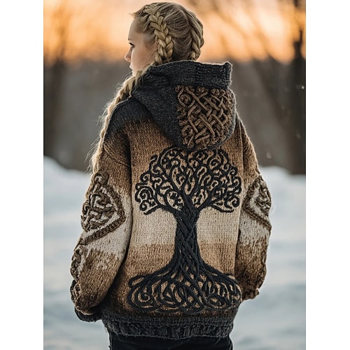  viking boho damkofta vintage vardag etnisk stil geometrisk färg tonad ribbad huva fickor knappar tryck långärmad långa toppar stickad utomhus helg brun höst vinter