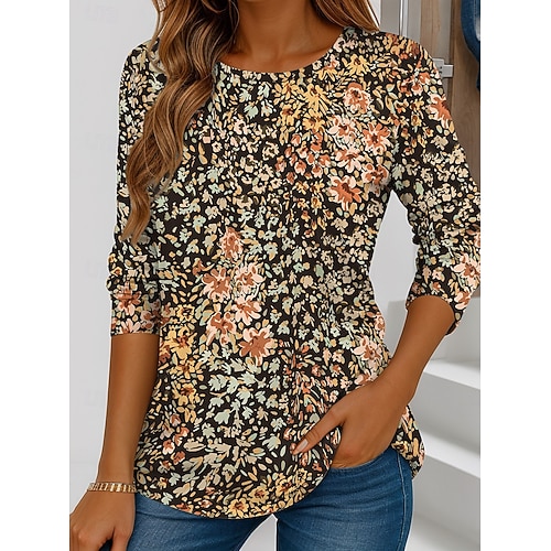  Femmes T-shirt Fleuri Graphique Dégradé Élégant ancien Classique manche longue Col ras du cou Hauts Réguliers Quotidien Sortir Week-end Imprimé Blanche Jaune Marron clair Violet Marron Printemps