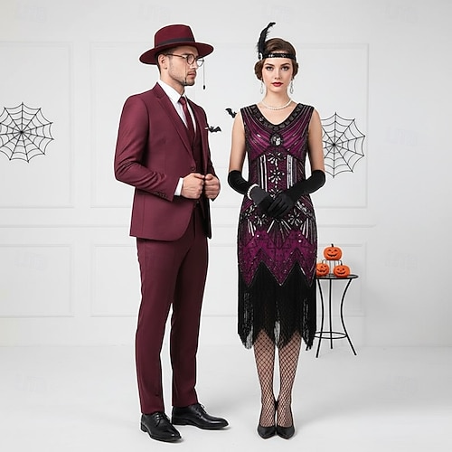  Retro Řvoucí 20s 20. léta 20. století Polední Bubenové šaty Fancy kostým Halloween skupinové kostýmy pro páry Velký Gatsby Flitry Třásně Maškarní kostým Pánské Dámské předvečer Všech svatých Karneval