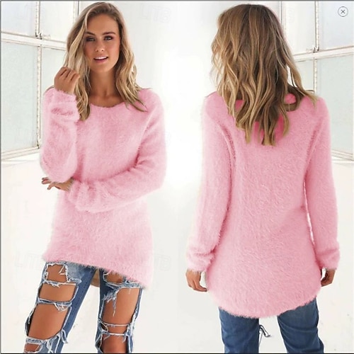  Dámská mikina s kapucí, chlupatou, útulnou, žebrovanou, pletenou, jednobarevnou, aktivní, módní, streetwear, dlouhý rukáv, kulatý výstřih, běžné tílko, street, denní nošení, ležérní, patchwork, světle růžová, jaro, podzim