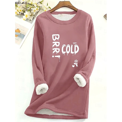  女性用 フリース裏地プルオーバースウェットシャツパジャマ プルオーバースウェットシャツ Pullover スウェットシャツ レタード あたたか ストリートファッション カジュアル 長袖 クルーネック ロングトップス 家 日常着 カジュアル プリント ブラック イエロー ピンク ダークピンク ブルー 秋 冬