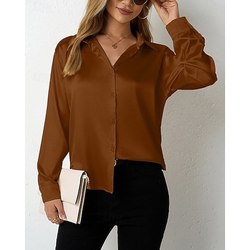  Per donna Camicia Camicia in raso Tinta unica Vintage Tropicale Elegante Manica Lunga Scollo a V Colletto a Camicia Top Regolari Quotidiano Uscire Bottoni Nero Cammello Marrone Grigio scuro Grigio