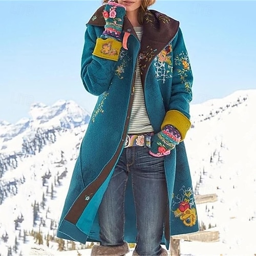 Damen Wintermantel Warm Bequem Tasche Druck Mode Modern Lässig Blumen Ausgehen Wochenende Lang Umlegekragen Normale Passform Langarm Oberbekleidung Blau Grün Grau Winter