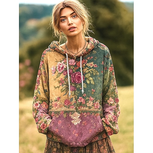  Dames Trui met capuchon Sweatshirt Bloemig Grafisch Casual Boho Lange mouw Capuchon Normale tops Straat Dagelijks gebruik Lapwerk Afdrukken Voorvak Lichtgroen Donker Roze Marineblauw Lente Herfst