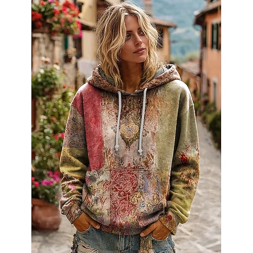  Γυναικείο 3D Εκτύπωση Vintage Boho Φόρεμα Patchwork Φόρεμα Φούτερ Floral Pullover Φούτερ Elegant Ζεστό Active Με Κουκούλα Καθημερινά Ρούχα Patchwork Εκτύπωση Ανοιχτό Μωβ Καφέ Πράσινο Άνοιξη Φθινόπωρο