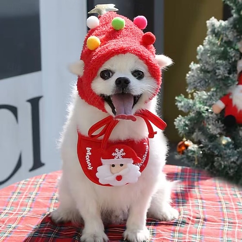 Christmas Tree Pom-Pom Hat Bandana for Pets Dog Cat Xmas Costume