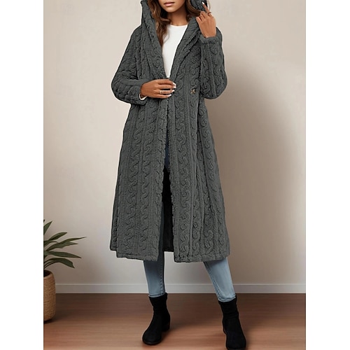  Dam Vinterkappa Sherpajacka Bekväm Andningsfunktion Ficka Ledigt Slät Semester Gata Ledigt Dagliga kläder Öppen front Lång Huva Normal Långärmad Ytterkläder Svart Aprikos Beige Vår Höst