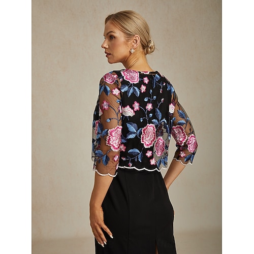  Dam Kavaj Lättvikt Spets Broderad Elegant Blommig Formell Kort Rund halsringning Normal 3/4 ärm Ytterkläder Fuchsia Sommar Vår