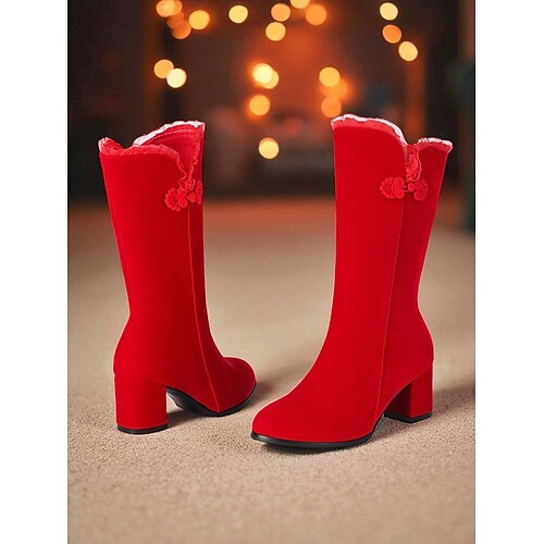 Women's Red Mid-Calf Boots with Side Zipper, Block Heel and Floral Trim   Elegant Winter Dress Boots for Christmas, Holiday Parties and Formal  Occasions 2026 - $54.99