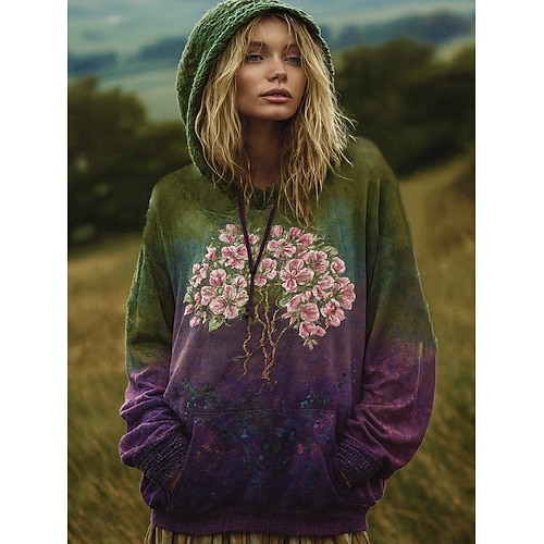  Kvinnors 3D-utskrift Vintage Boho Hoodie Patchwork Hoodie Sweatshirt Blommig Pullover Sweatshirt Vardaglig Långärmad Huva Gatumode Dagligt Slitage Framsida Ficka Gräs Ljus Rosa Lila Grön Vår Höst