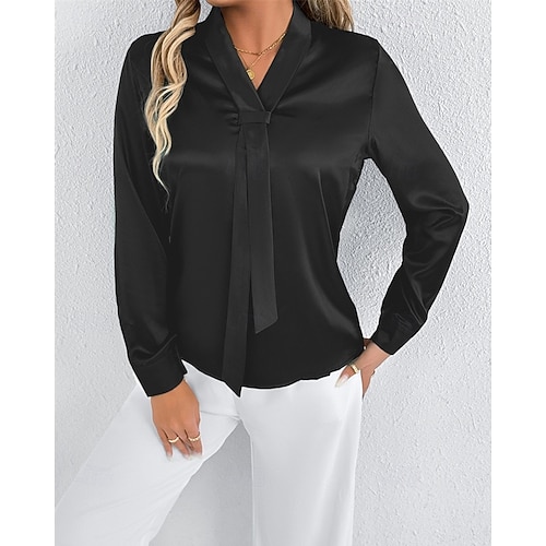  Per donna Camicia Camicia in raso Tinta unica Elegante Casual Manica Lunga Scollo a V Top Regolari Quotidiano Uscire Nodo frontale Nero Bianco Primavera Autunno