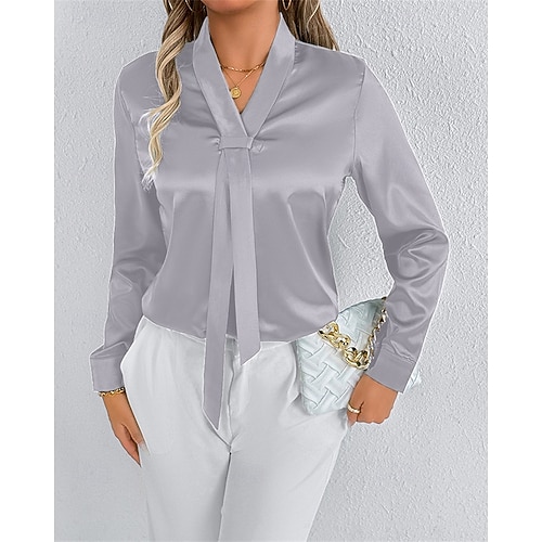  Per donna Camicia Camicia in raso Tinta unica Elegante Casual Manica Lunga Scollo a V Top Regolari Quotidiano Uscire Nodo frontale Verde Grigio chiaro Primavera Autunno