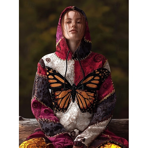  Kobieta 3D Print Vintage Boho Hoodie Patchwork Hoodie Sweatshirt Kwiatowy Pulower Sweatshirt Oversized Ciepły Aktywny z Kapturem Ulica Codzienna Patchwork Czarny Biały Żółty Ciemny Róż Wiosna Jesień