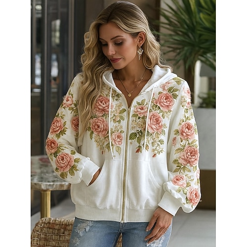  Felpa con cappuccio vintage boho 3D stampata per donne felpa patchwork con cappuccio felpa con zip floreale moda vintage casual con maniche lunghe cappuccio uso quotidiano da strada patchwork tasca