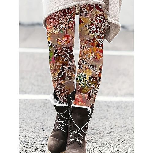  Damskie Getry Zabytkowe Moda Moda miejska Pełna długość Wysoka talia Kwiaty Graficzny Drukowanie Keep Warm Miękka Oddychający Elastyczny Urlop Ulica Czarny Żółty Pomarańczowy Zielony Wiosna Jesie
