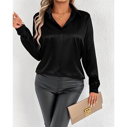  Per donna Camicia Camicia in raso Tinta unica Elegante Casual Manica Lunga Colletto a Camicia Top Regolari Quotidiano Uscire Bottoni Nero Bianco Beige Primavera Autunno
