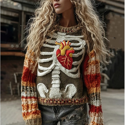  Halloween Damenpullover Skelett Süße Streetwear Lässige Grafik Skelett Rundhals Patchwork Gestrickte Lange Ärmel Regelmäßige Oberteile Gestrickt Rot Orange Herbst Winter
