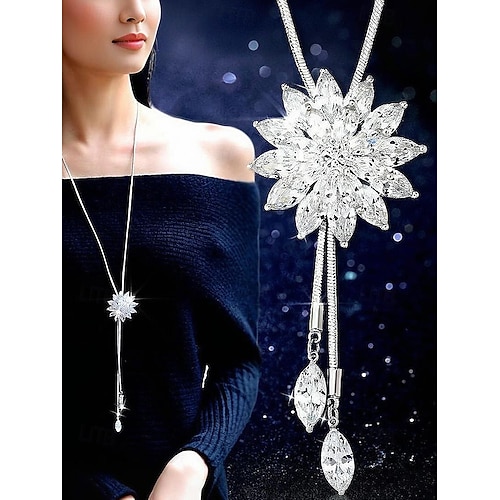  Snøfnugg-anhengskjede til dame – elegante lange smykker med krystalldetaljer for damer, vintermote og julegave