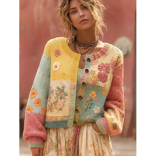  Dames Vest Dagelijks Bloemig Geribd Strakke ronde hals Knop Afdrukken Lange mouw Normale tops breien Buiten Weekend Zwart Geel Lente Herfst