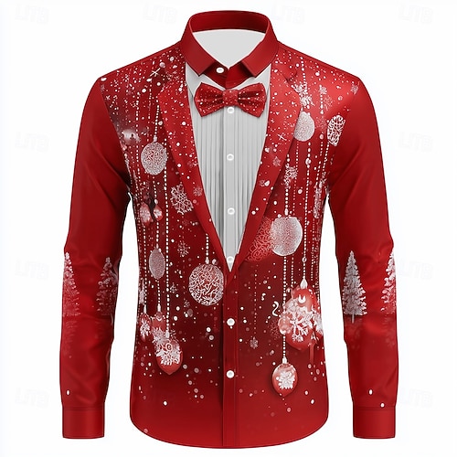  Kerstmis Voor heren Kerstkostuum Pak met stropdas en bedrukt smokingoverhemd Overhemd Overhemd met knopen Lange mouw Grappig Buiten Feestdagen Lente Herfst Strijkijzer 3D-afdrukken shirts met kraag
