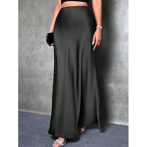  Femmes Jupe Moulant Élégant Mode Maxi Taille haute Jupes Uni Micro-Élastique Soirée Rue Noir Fuchsia Vert Kaki Printemps Satin Polyester