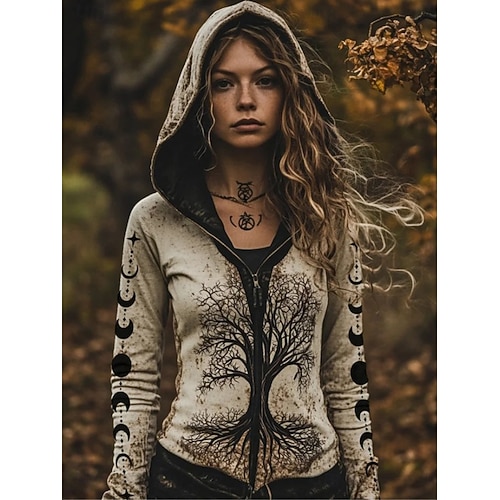  Sweat à capuche zippé style viking bohème pour femme, style graphique, vintage, ethnique, manches longues, style classique, pour la maison, décontracté, sport, fermeture éclair, gris clair,