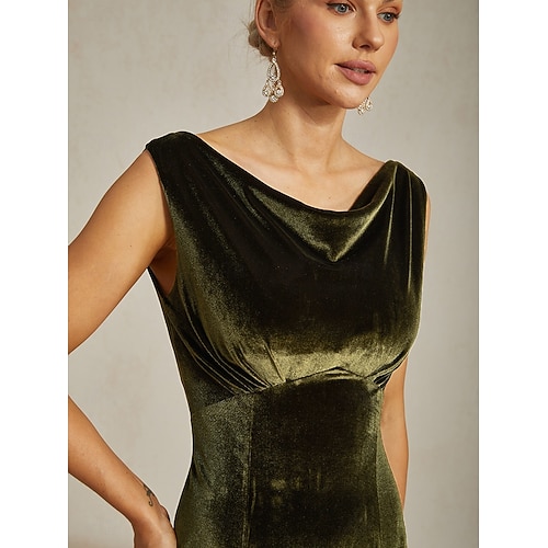  Dámské sametové maxi šaty pouzdrové šaty elegantní večerní párty pravidelný střih jednobarevné bez rukávů cowl neck olivová léto podzim zima