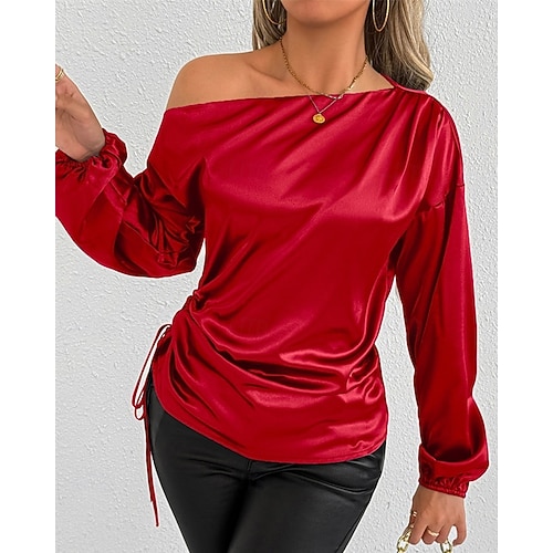  Dames Overhemd Satijnen overhemd Effen Kleur Effen Stijlvol Casual Lange mouw koude schouder Normale tops Dagelijks Uitgaan Asymmetrisch Rood Zomer Lente Herfst