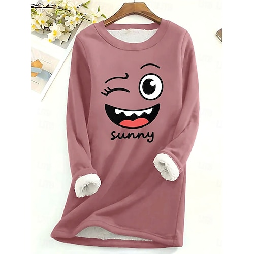  Dámská mikina s potiskem, teplá, ležérní, chlupatá, s dlouhým rukávem, kulatý výstřih, běžné tílko, street casual, žlutá, růžová, tmavě růžová, modrá, šedá, jaro, podzim, zima