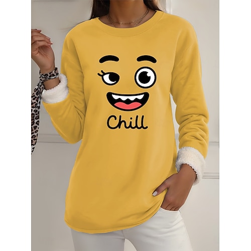  felpa da donna con stampa grafica, calda, casual, pelosa, manica lunga, girocollo, normale, casual da strada, giallo, rosa, rosa scuro, blu, grigio, primavera, autunno, inverno