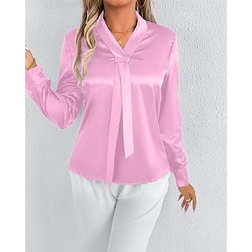  Femmes Chemise Chemise en satin Couleur Unie Élégant Occasionnel manche longue Col en V Hauts Réguliers Quotidien Sortir Nœud devant Rose Claire Rouge Printemps Automne