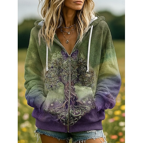  Γυναικείο Vintage 3D Print Boho Hoodie Patchwork Φούτερ με Δουλειά Λουλουδιών Zip Up Casual Χακί Ημέρας Patchwork Zip Πόρτα Ανοιχτό Μωβ Μωβ Καφέ Πράσινο Άνοιξη Φθινόπωρο
