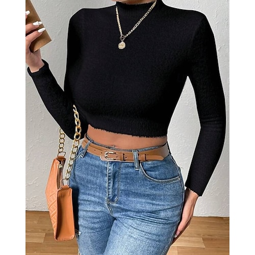  Femmes Pull Mode Occasionnel Couleur Unie Côtelé Col montant Tricoté manche longue Hauts Réguliers Tricoter Extérieur Quotidien Week-end Noir Blanche Automne Hiver