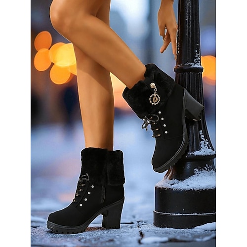  Botas femininas pretas de pele sintética com cadarço e salto grosso – botas de neve quentes para mercados de Natal, streetwear casual e moderno