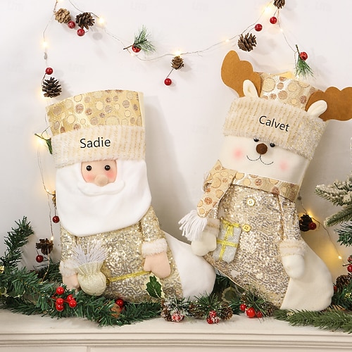  Meia de Natal personalizada com nome personalizado, meias longas de Natal douradas para decoração de árvore de Natal, presente perfeito para o Natal &celebrações de ano novo