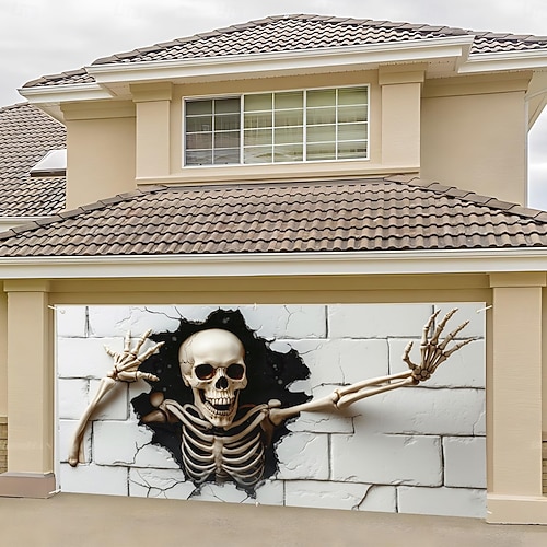  Halloween garageportsskydd vit skalle hängande gobeläng hemsökt husdekoration kuslig utomhus halloweendekor kuslig skräck festtillbehör för gård trädgård garageingång