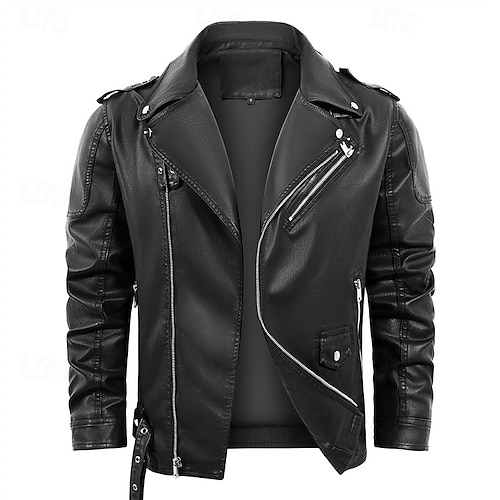 Herren Kunstlederjacke Bikerjacke Motorradjacke Urlaub Täglich Winddicht Warm Tasche Herbst Winter Einfach Mode Klassisch Stehkragen Regulär Schwarz Jacken